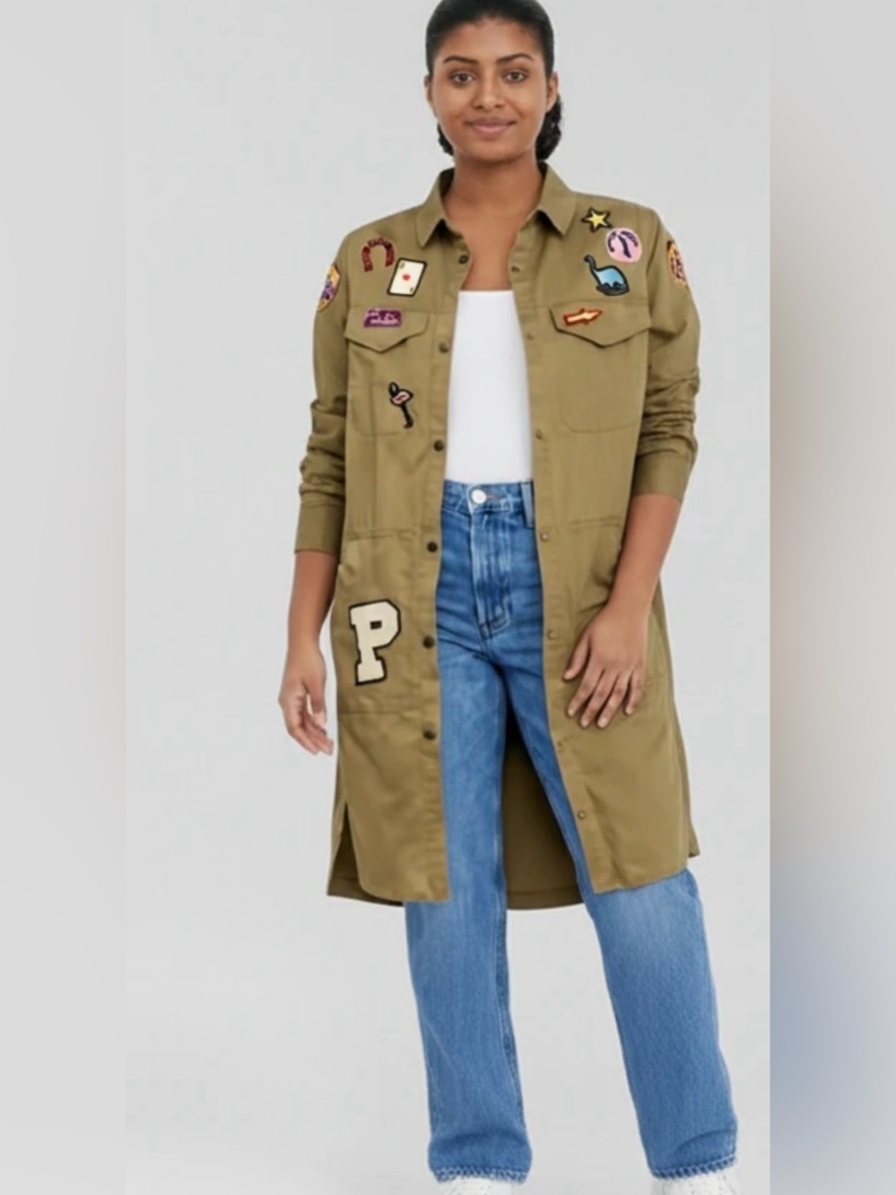 ZARA TRF Outerwear Button Up Military Shirt Dress Womens XS Green Patch LS